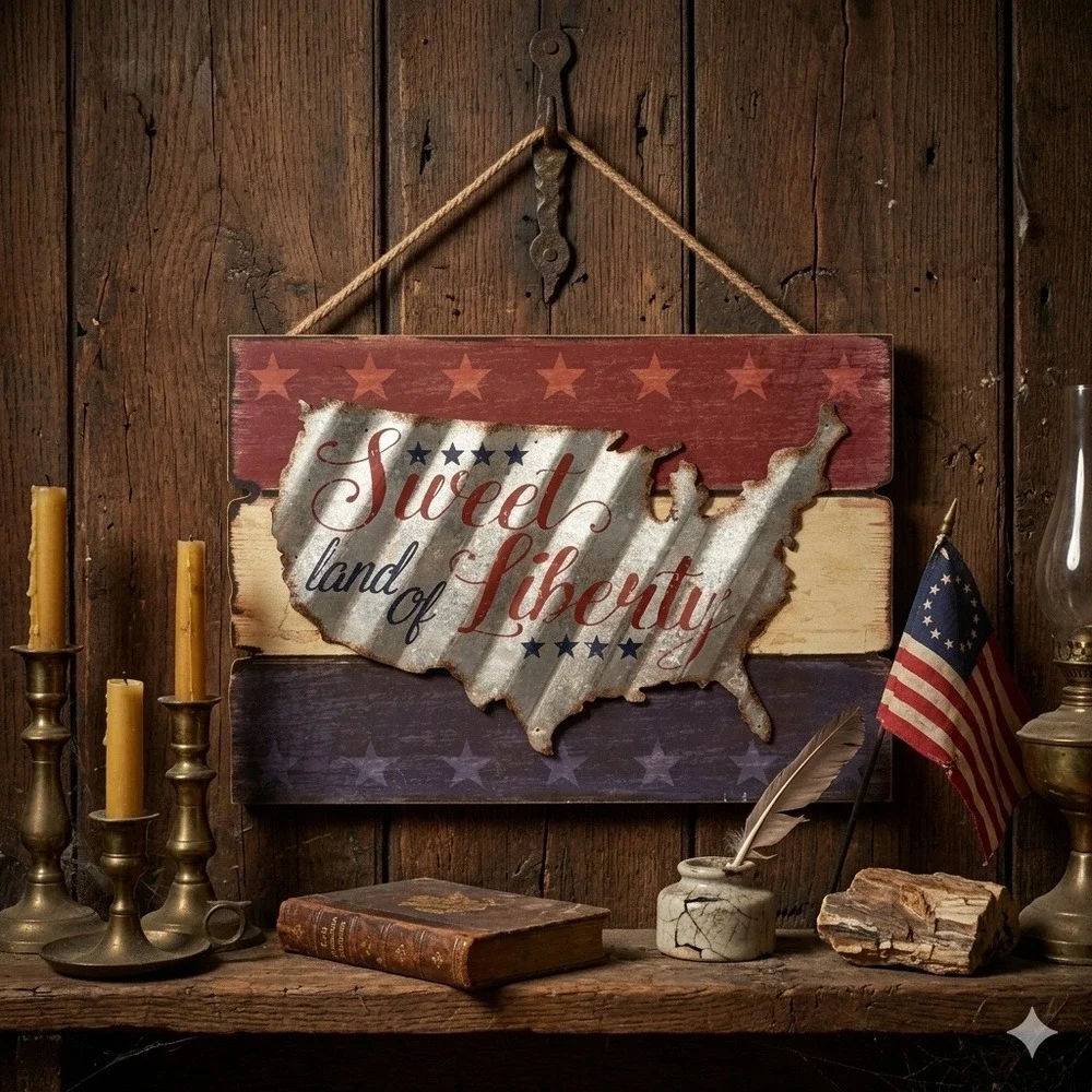 Sweet Land‎ of Liberty USA Map Metal Wood Patriotic Wall Sign Decor Americana